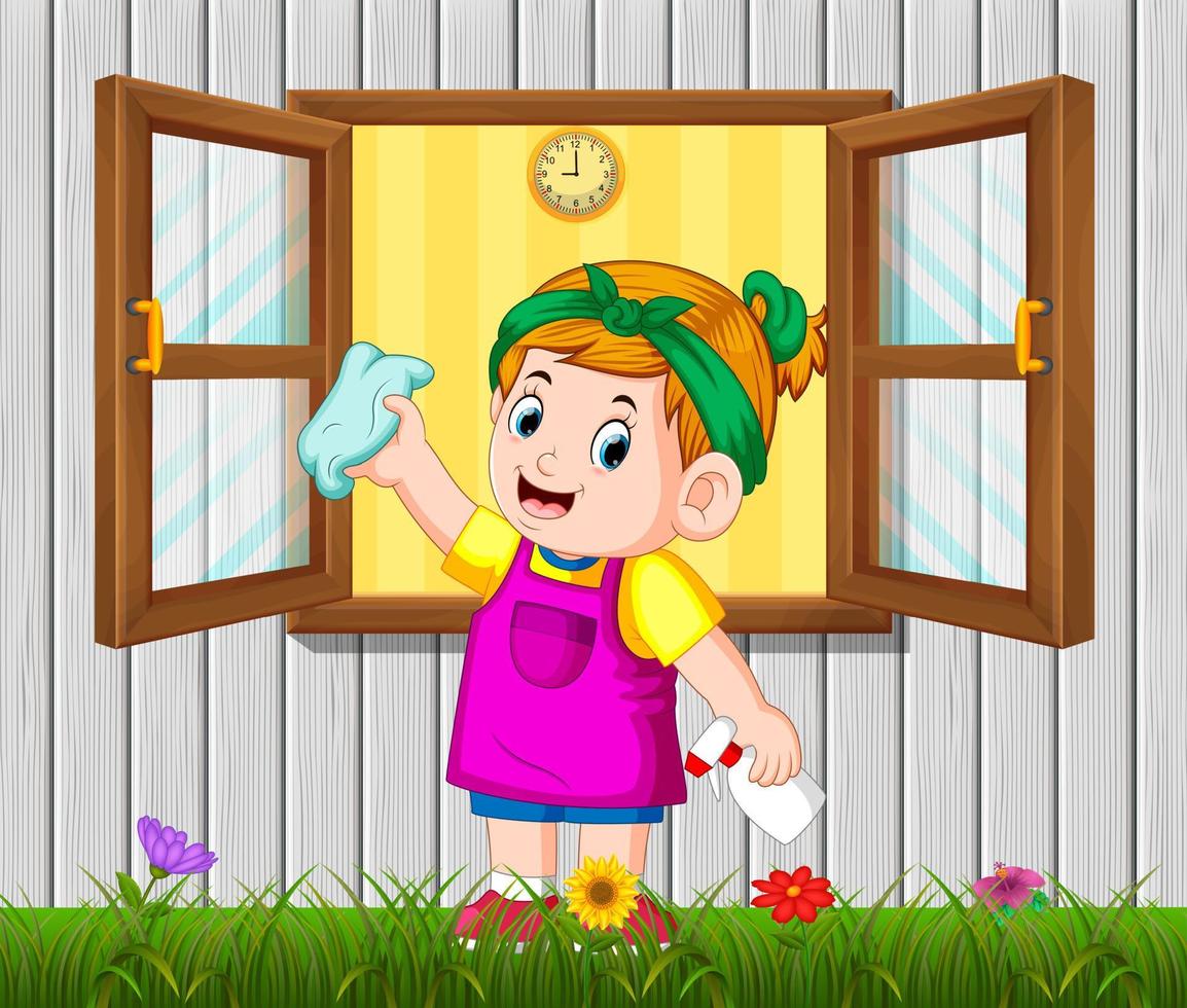 the daily activity girl cleaning the window in the morning vector