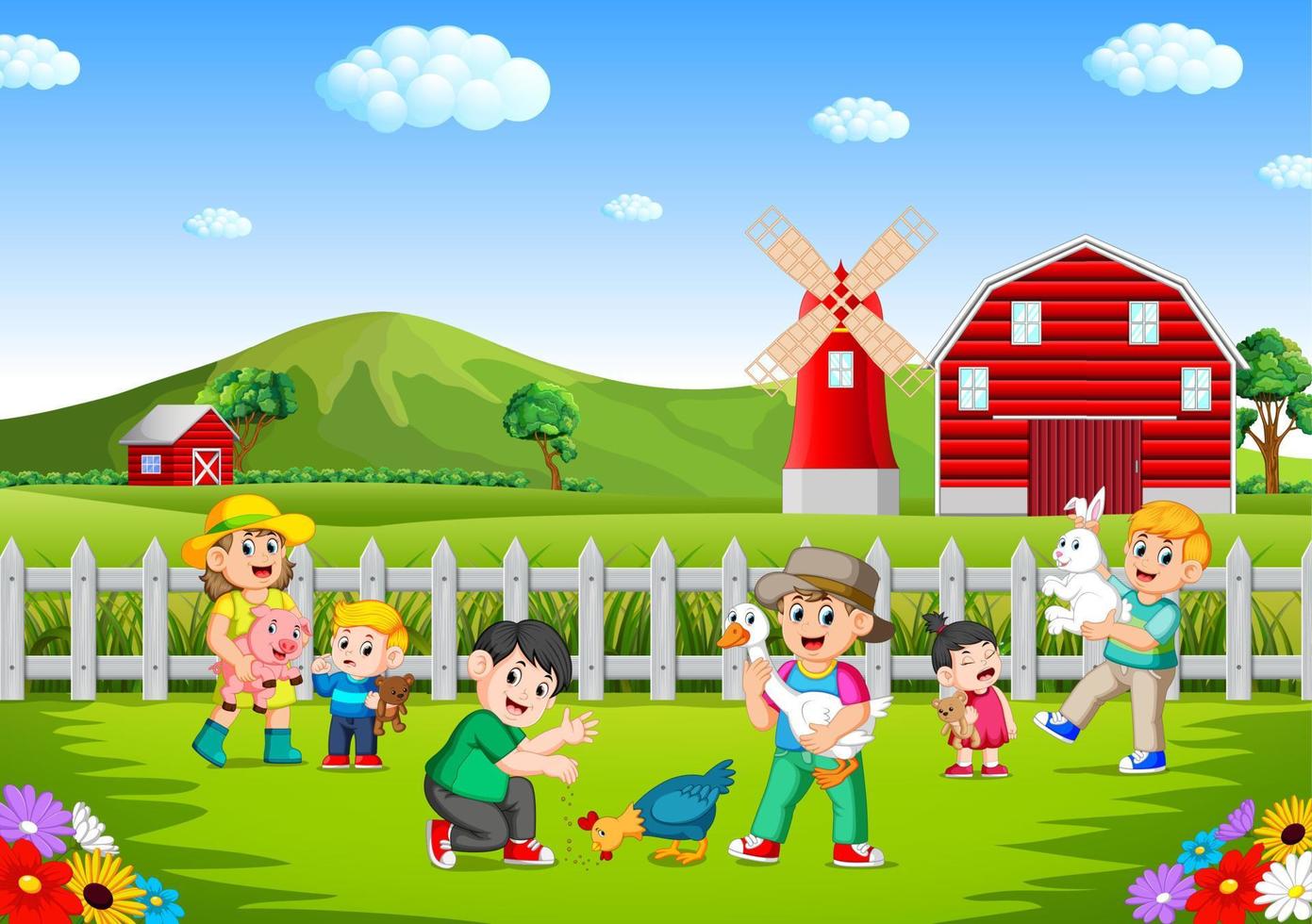 familia y niños jugando en la granja divirtiéndose vector