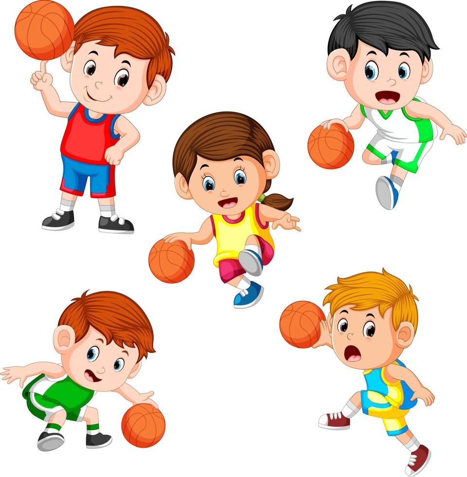 collection of the basketball profesional children player with the different posing vector