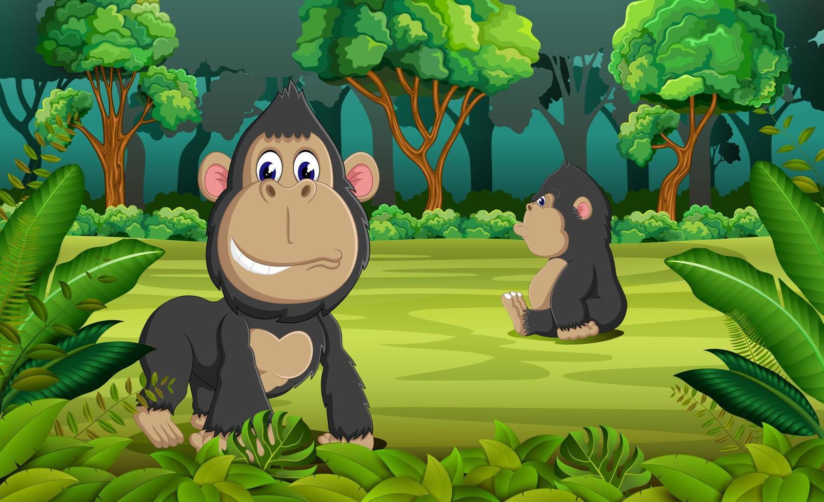 the forest background with two gorilla playing and sitting there vector