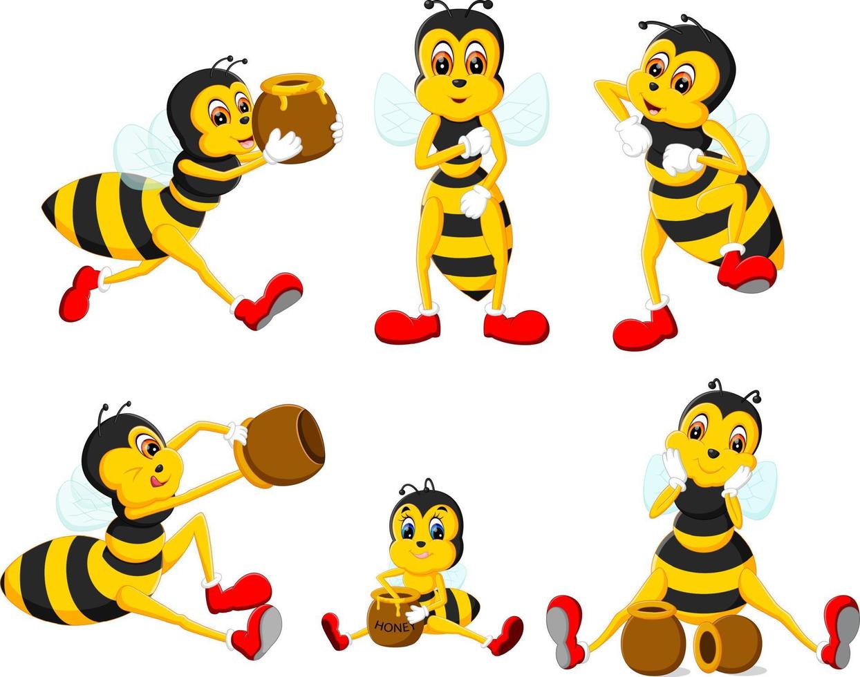 la colección de la gran abeja amarilla en las diferentes poses vector