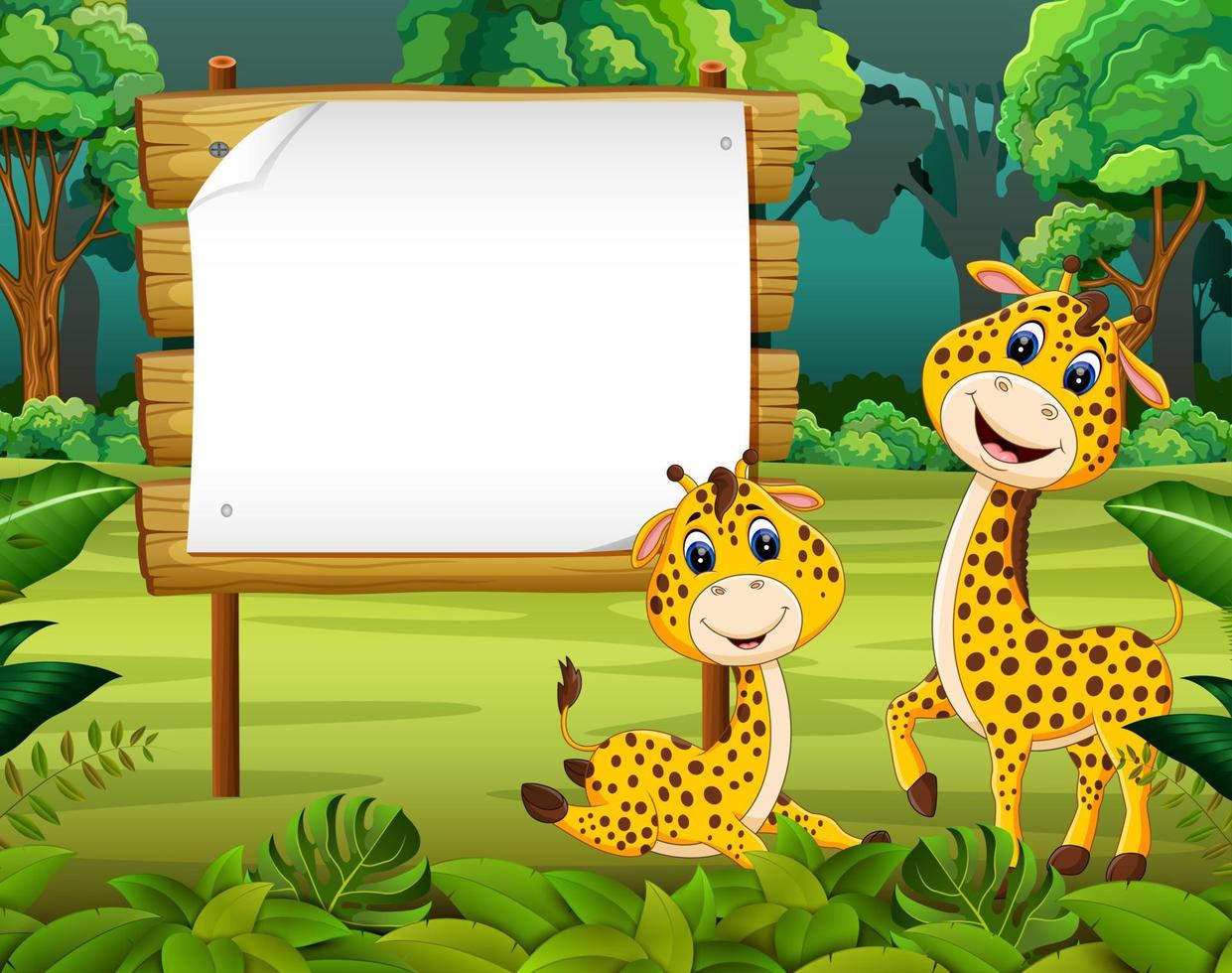 the nature view with the wooden board blank space and cute baby giraffe vector