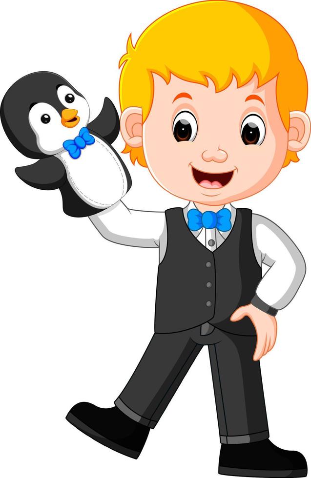 the boy was using penguin puppet with blue bow tie vector