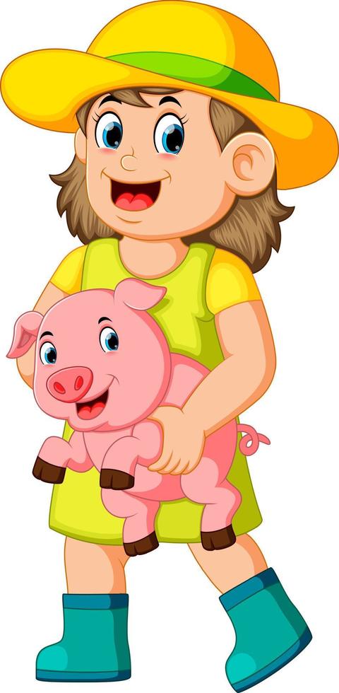 a Farm Girl holding a Pig vector