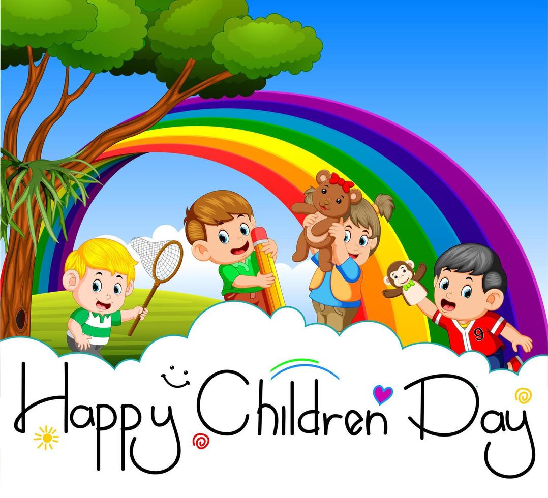 cartel del día de los niños felices con niños felices jugando en el jardín vector