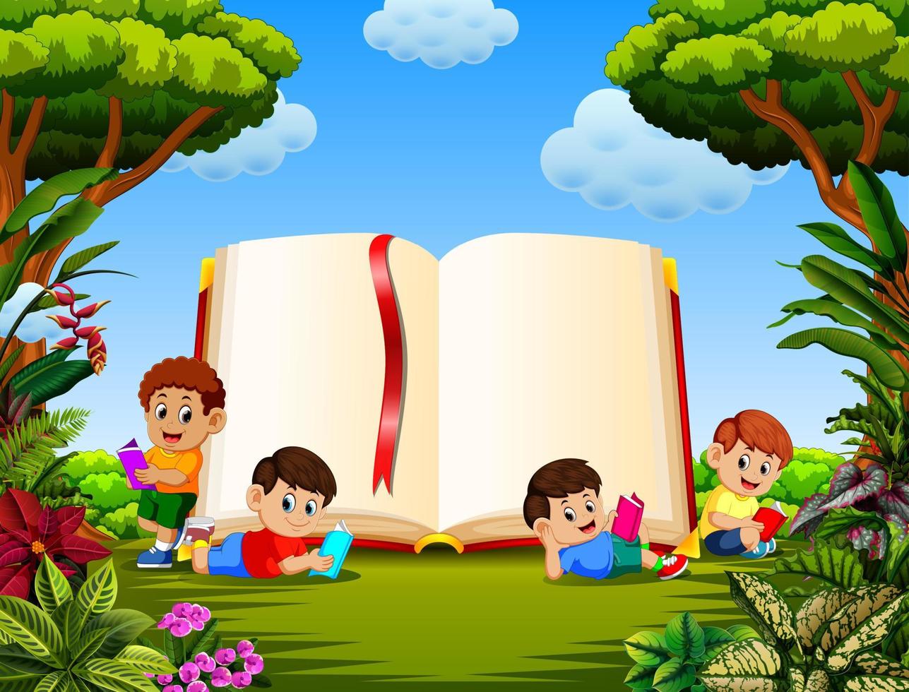 the children reading the book in the different posing with the big book in the garden vector