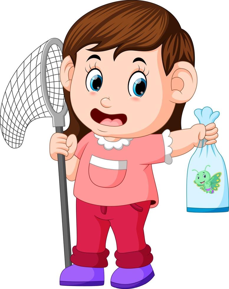 young girl with butterfly net is catching butterfly vector