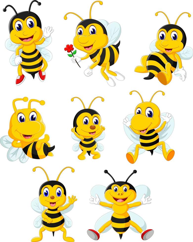 the collection of the yellow bee in the different posing and size vector