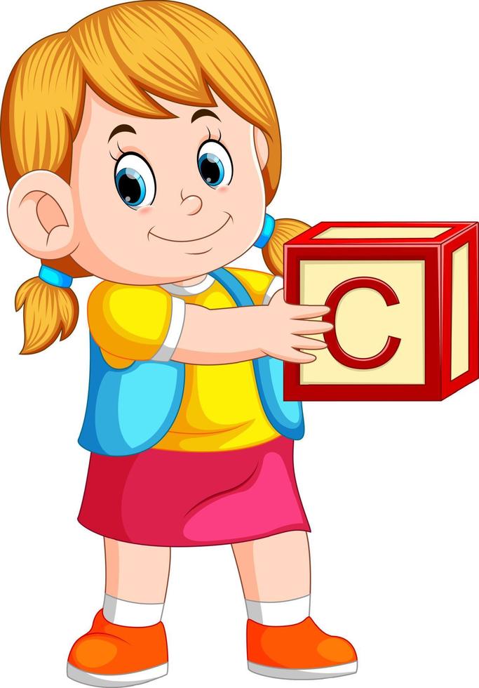 little girl holding the alphabet cube vector