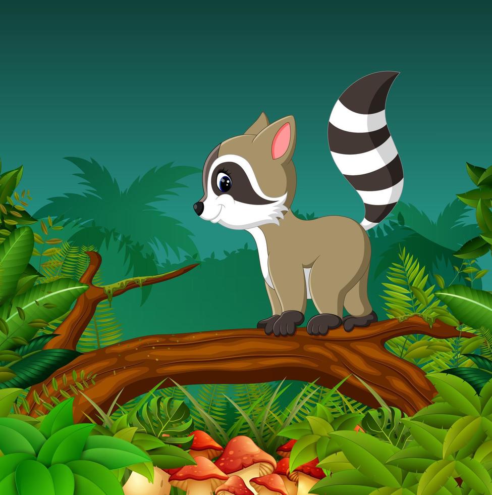 the beautiful view with the dark grey racoon waking on the trunk in the forest vector
