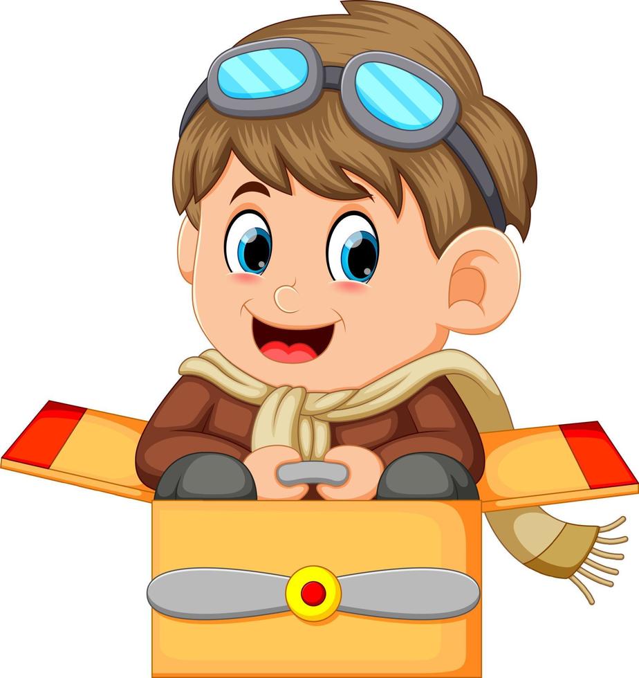 Cute little boy in pilot costume and glasses playing with airplane toys vector