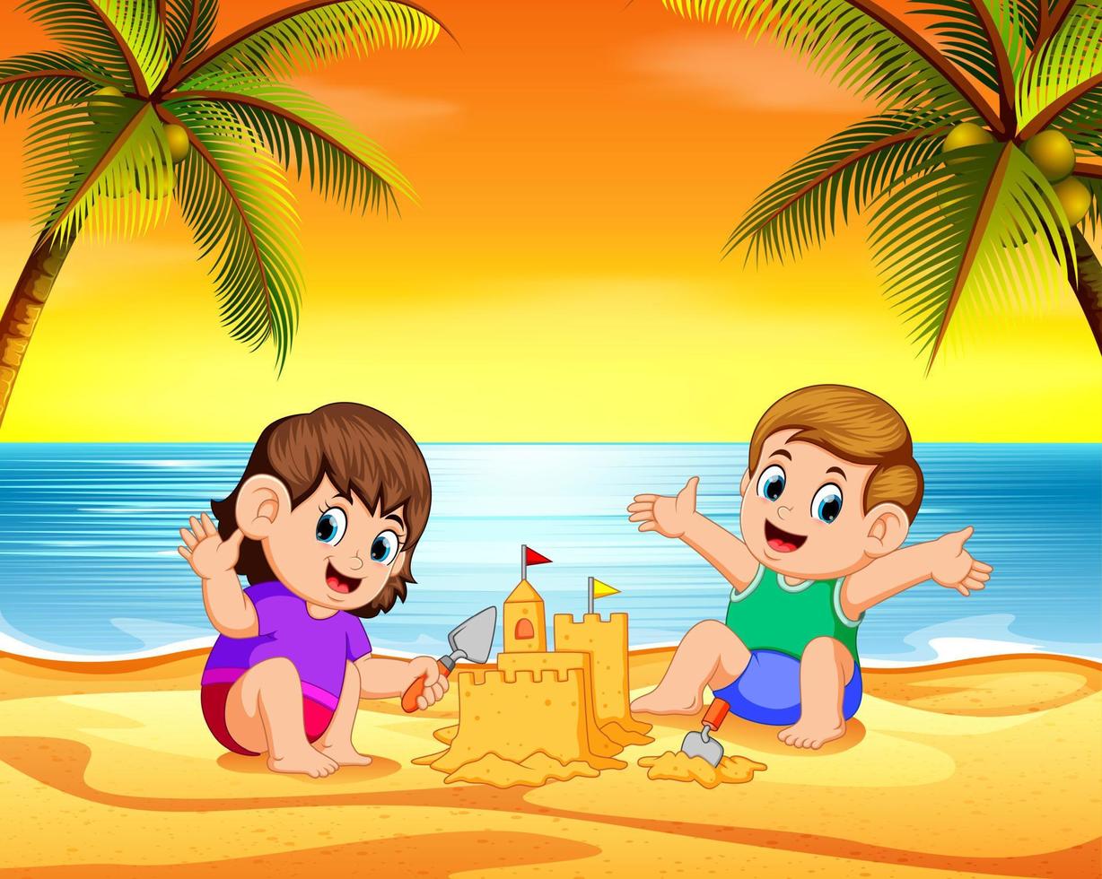 los niños juegan en la playa y hacen el castillo con la arena vector