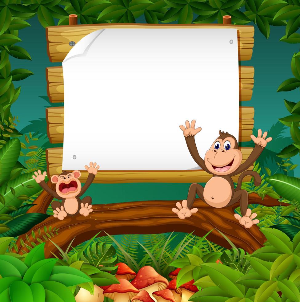 the nature forest view with the wooden board blank space and two happy monkey vector