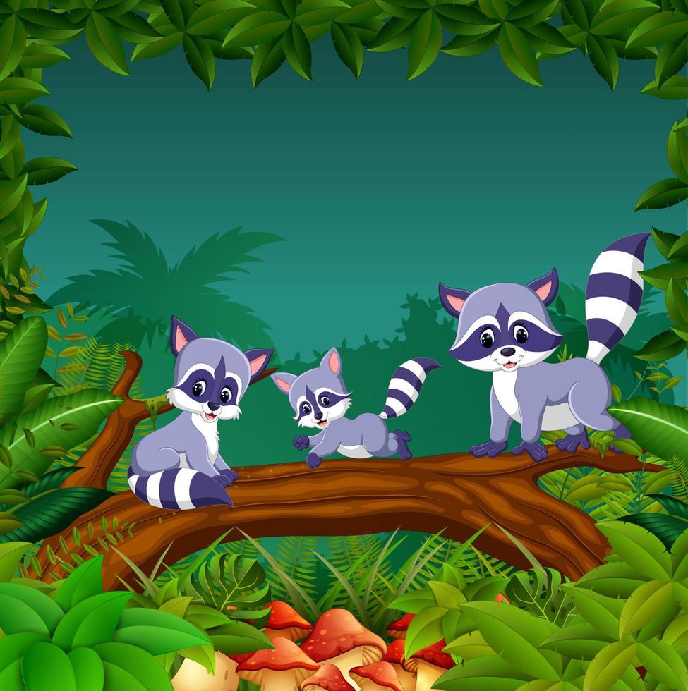 the purple racoon playing on the brown trunk together with different posing vector