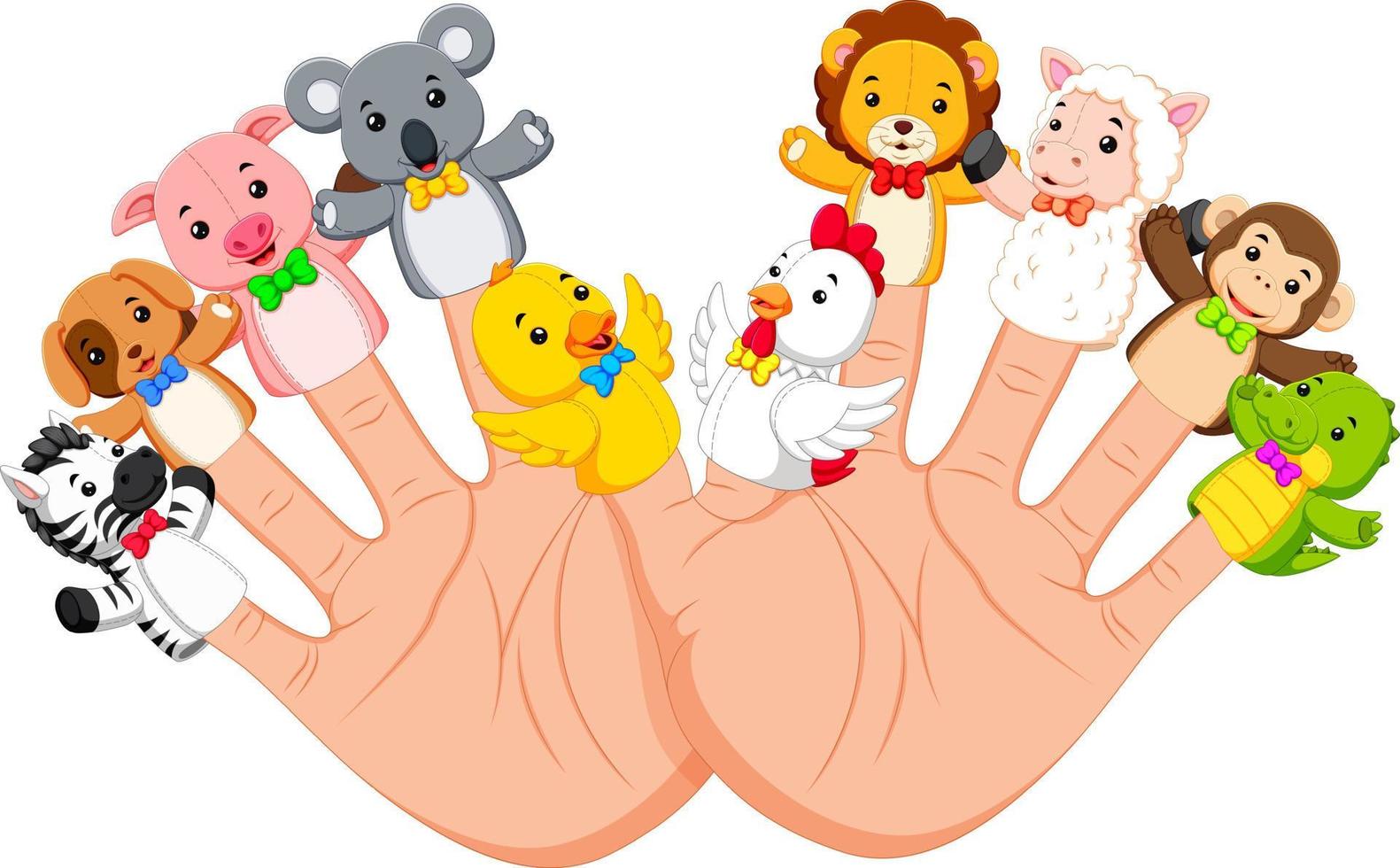hand wearing 10 finger animal puppet that are really funny vector