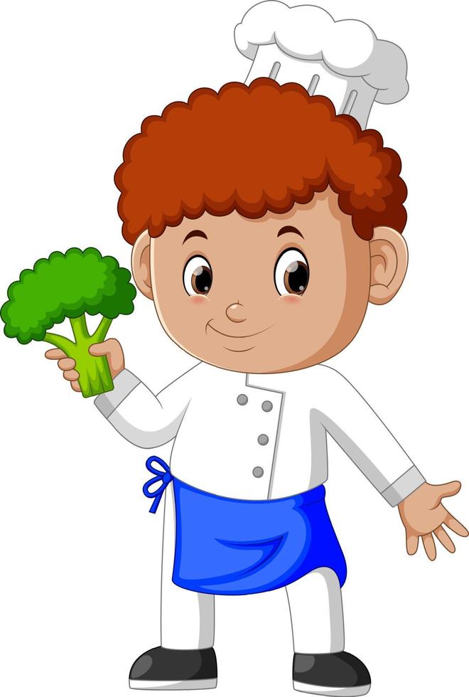 Young male chef holding fresh broccoli vector