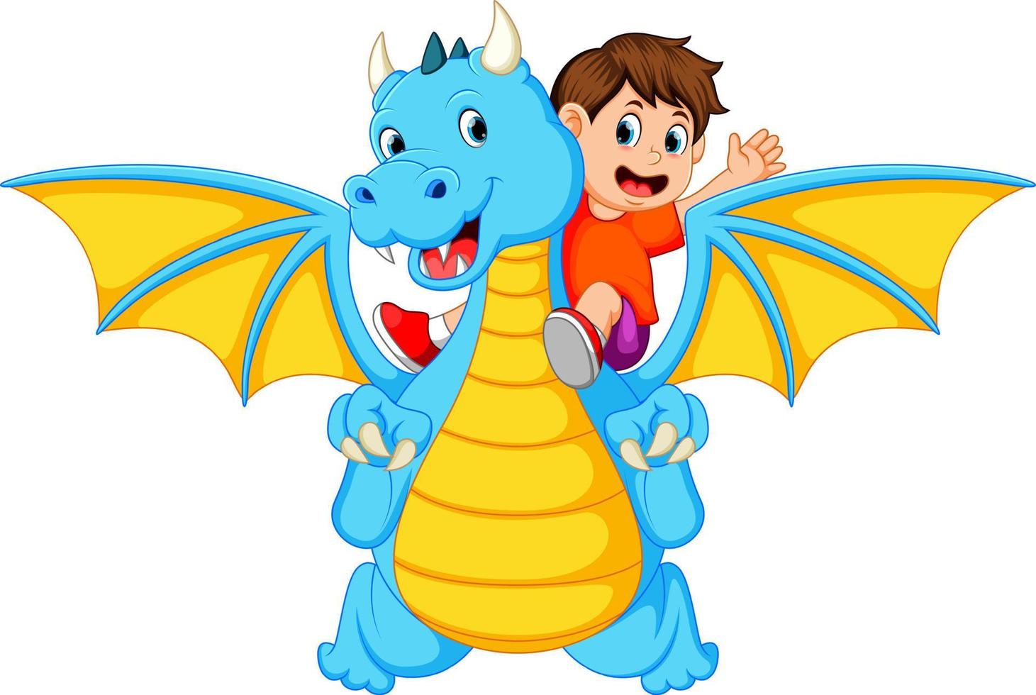 the boy playing with the big blue dragon and it can produce the fire vector