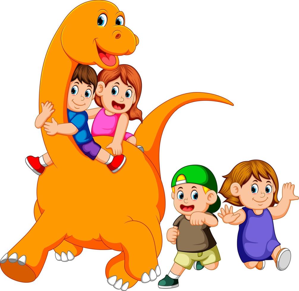 the children get into the big apatosaurus's body and playing with it some of the children run beside him vector