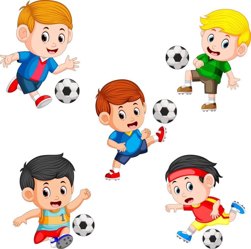 collection of soccer children player with the different posing vector