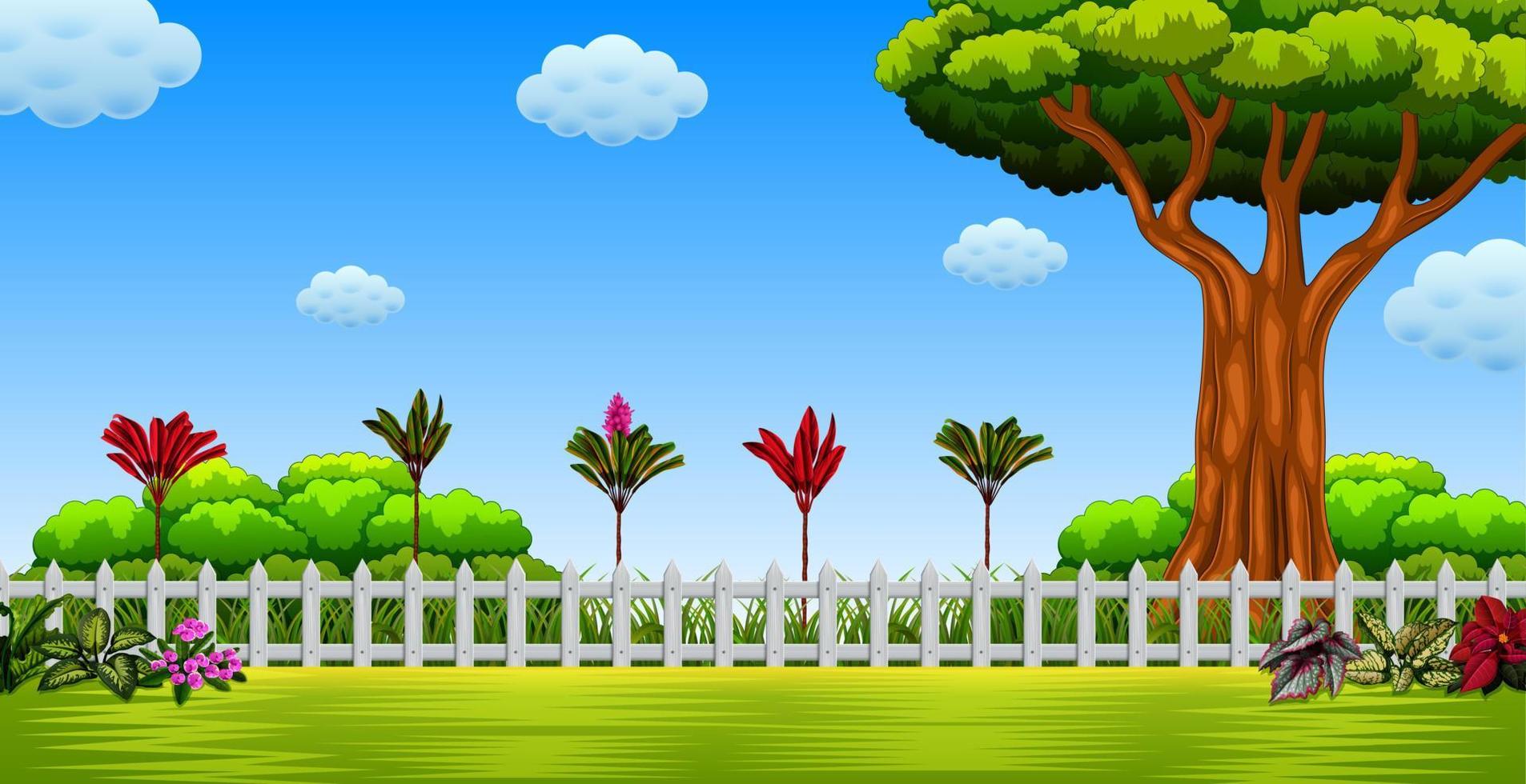 the beautiful view with the large tree and long fence vector