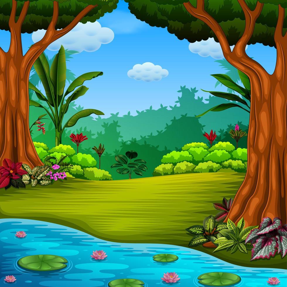 the beautiful forest with the lake and lotus vector