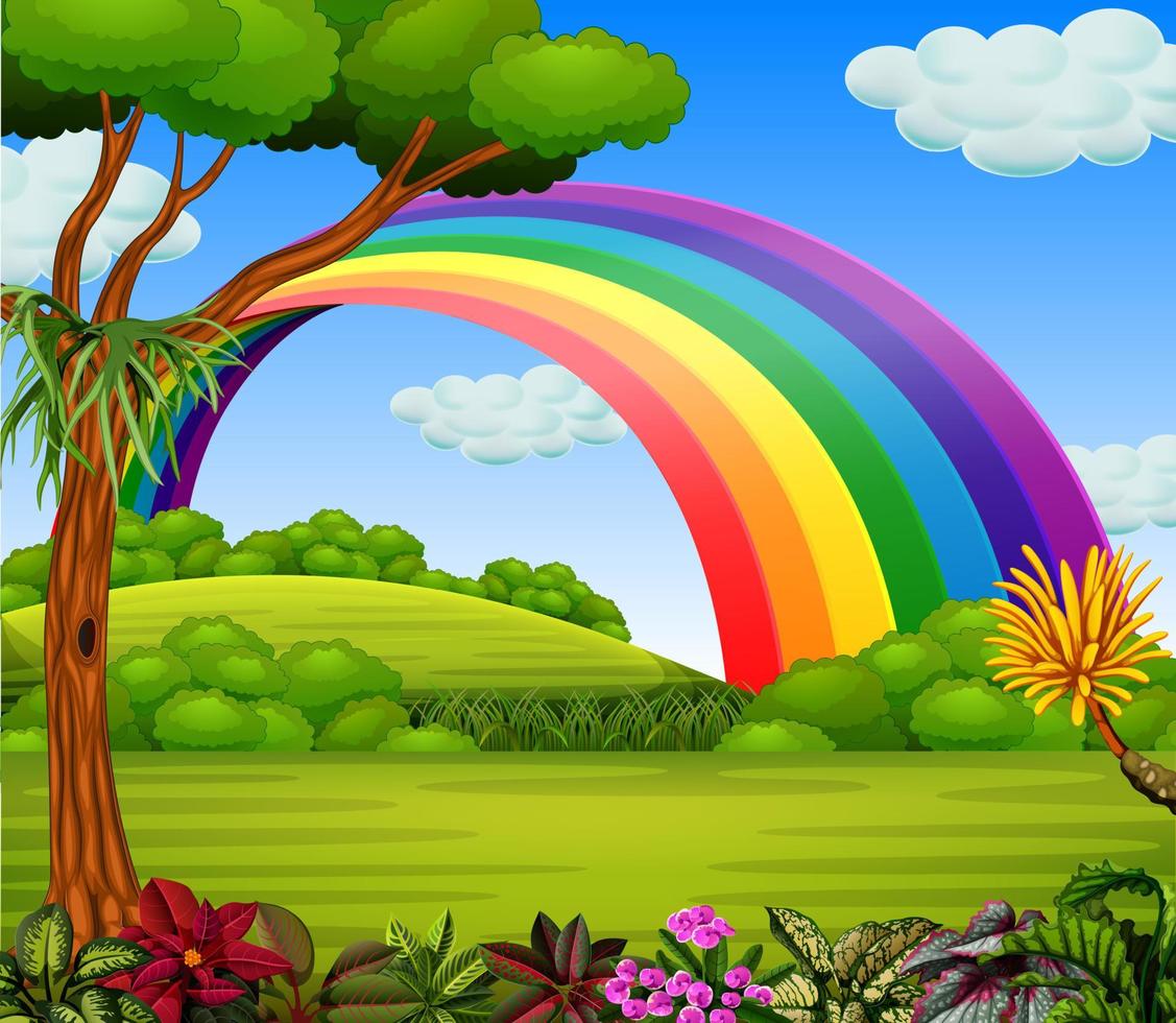 A colorfull rainbow with the garden view 13330396 Vector Art at Vecteezy