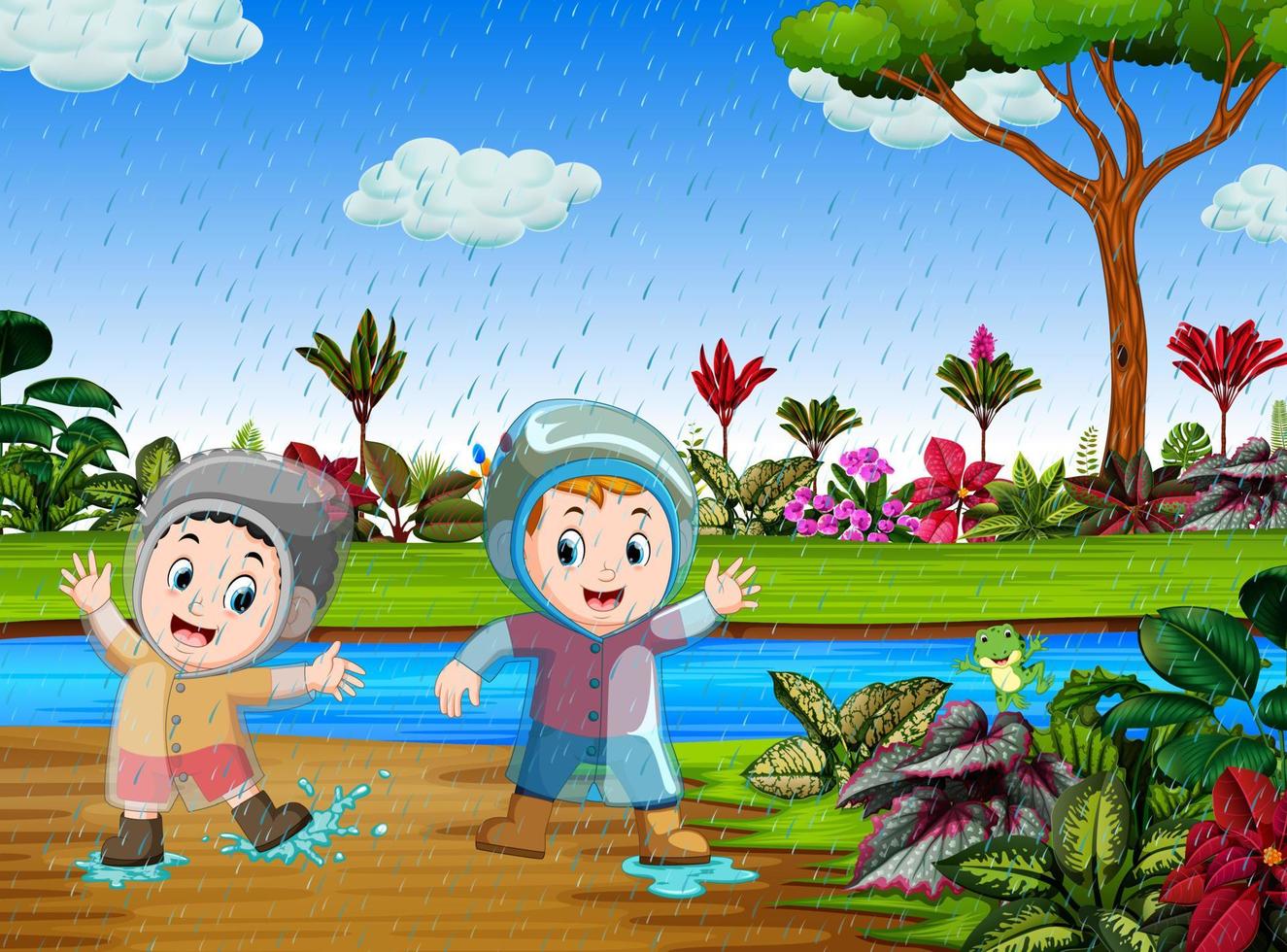 los niños felices juegan con el agua en la temporada de lluvias vector