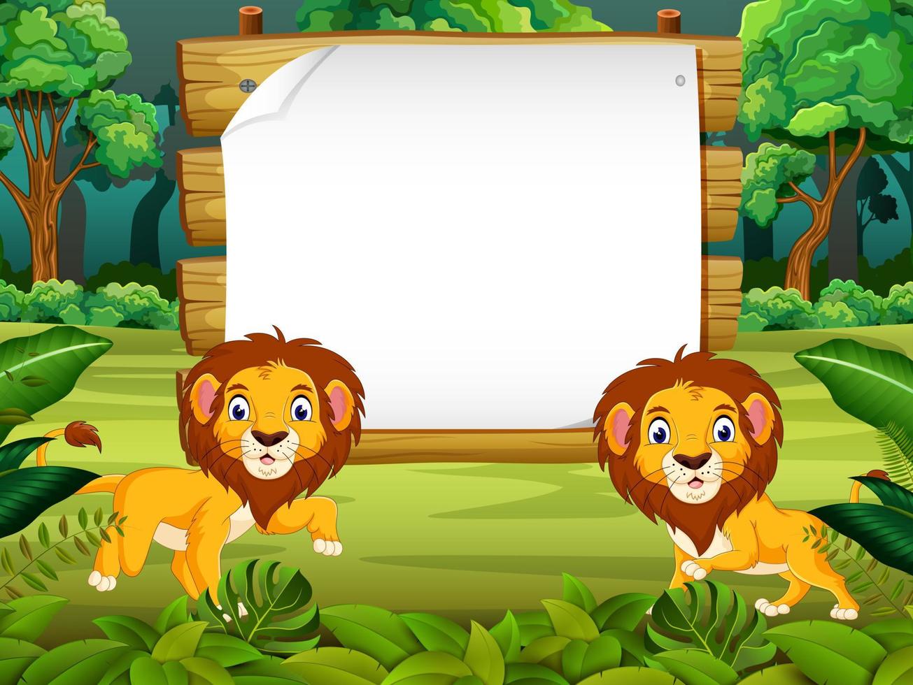 the nature view with the wooden board blank space and little lion vector