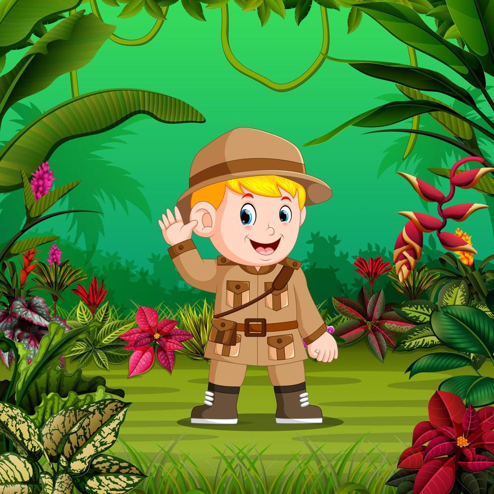 the young adventurer up stand in the middle of the forest vector