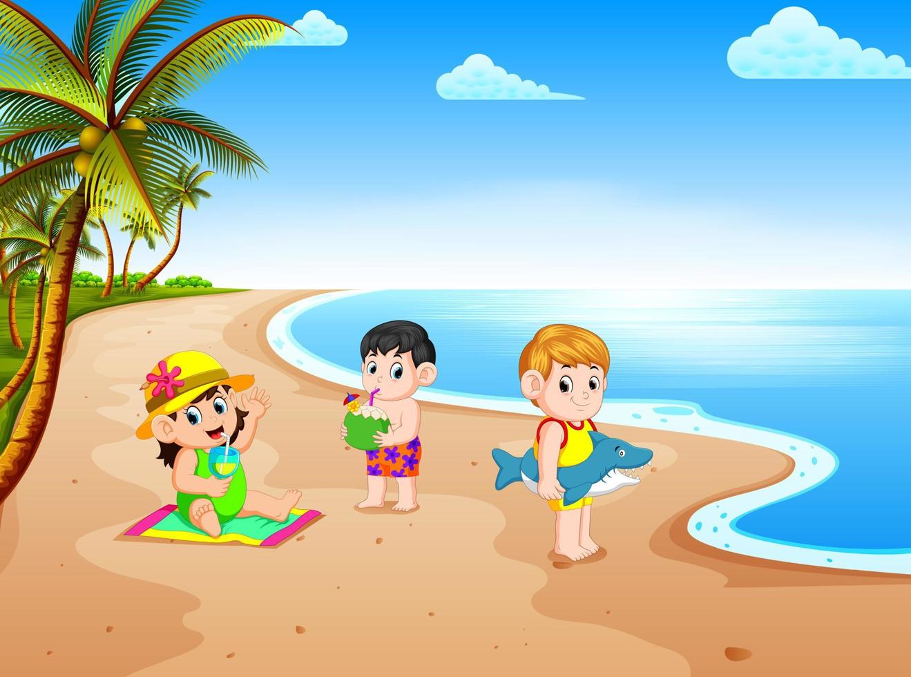 la vista de la playa con los niños jugando y haciendo algunas actividades en la costa cerca del agua vector