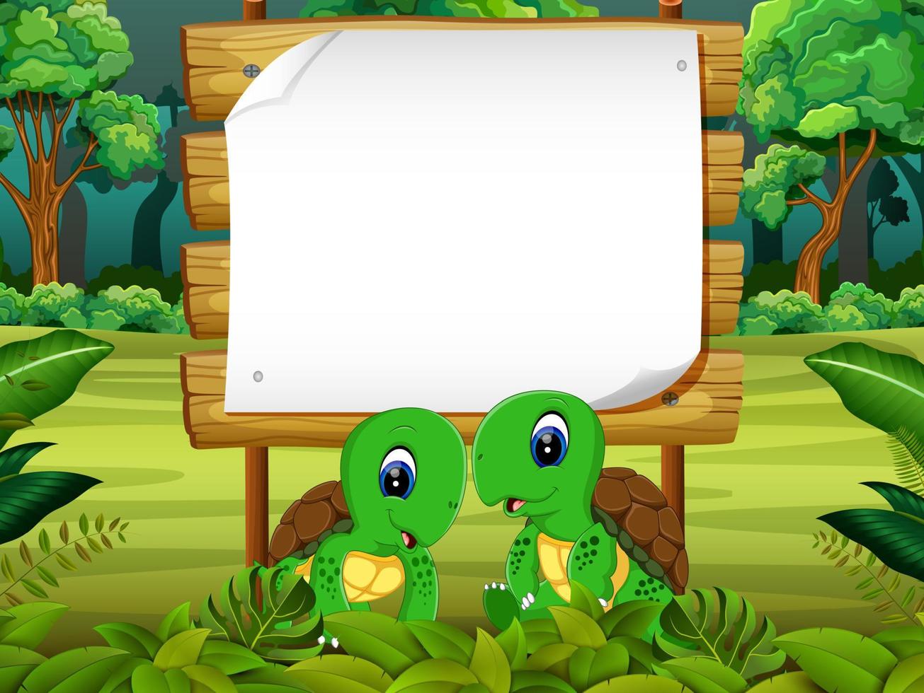 the wooden board blank space with two couple turtle with forest background vector