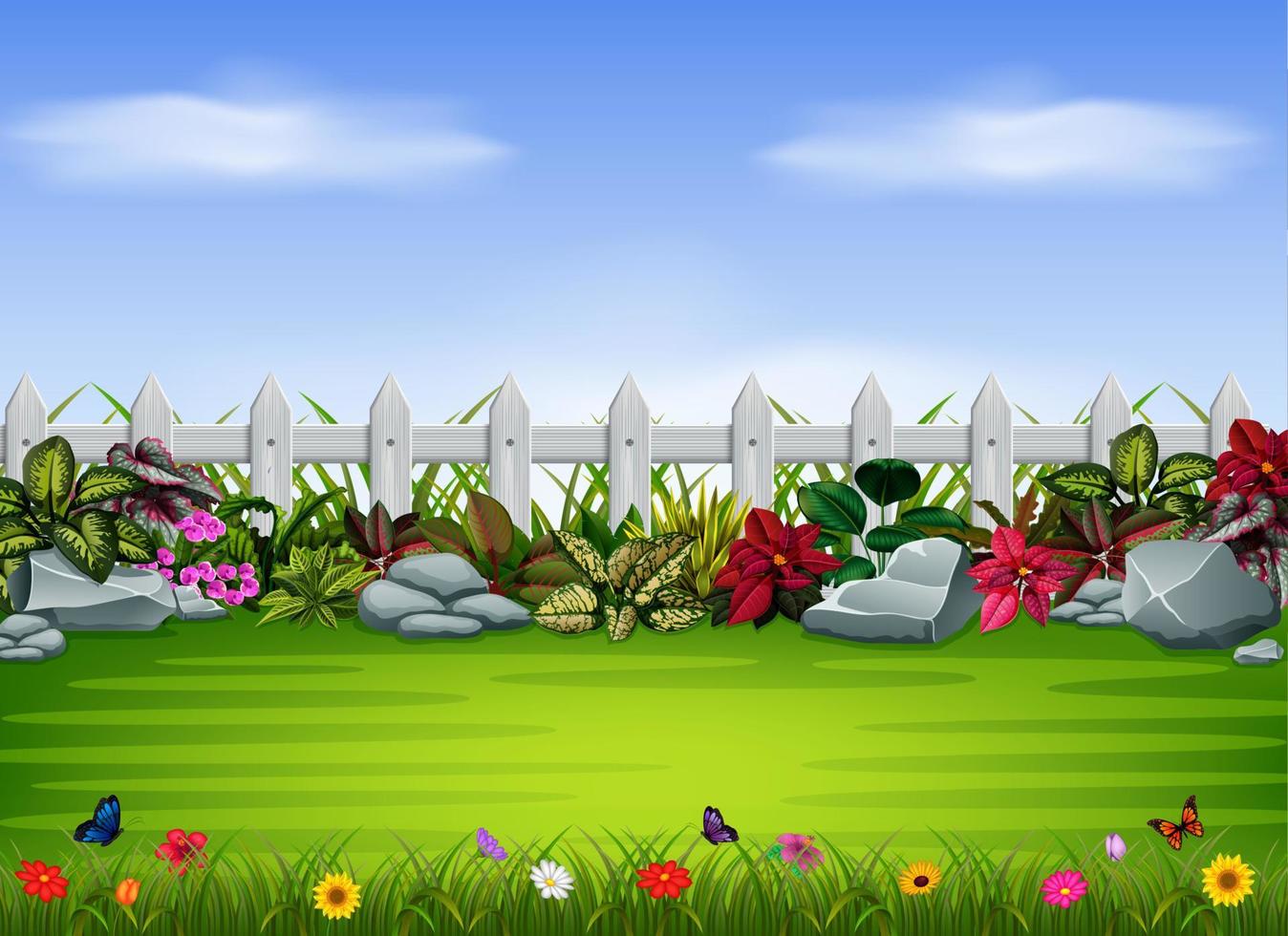 the simple yard with the fence and big stone vector