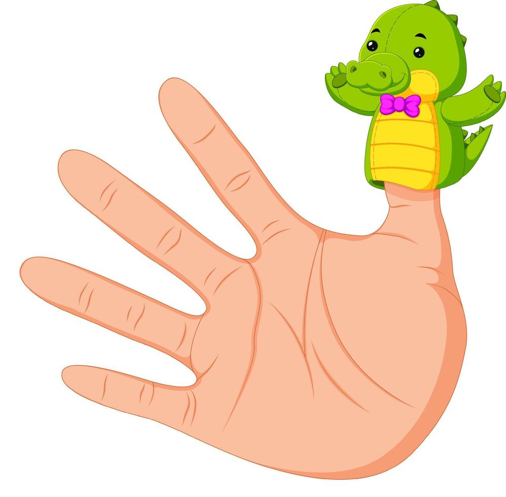 hand wearing a crocodile finger puppet on thumb vector