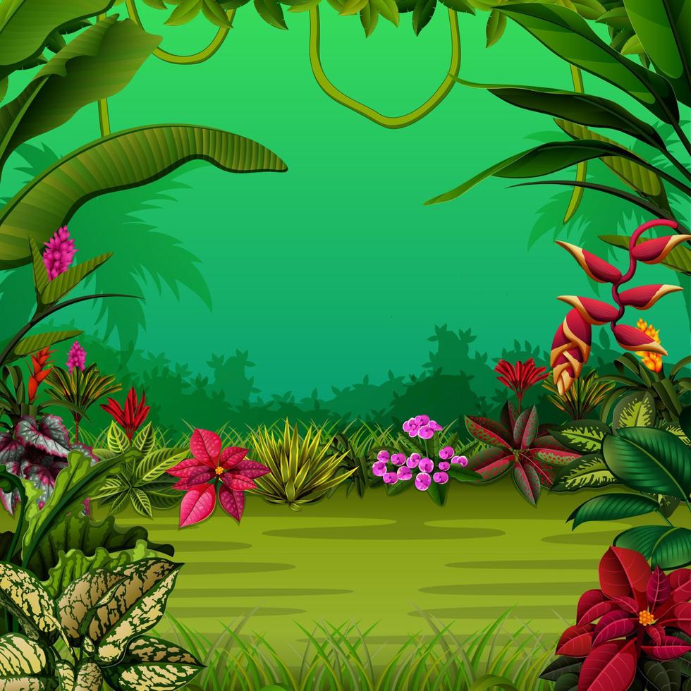 the exotic forest with the trees and the flowers vector