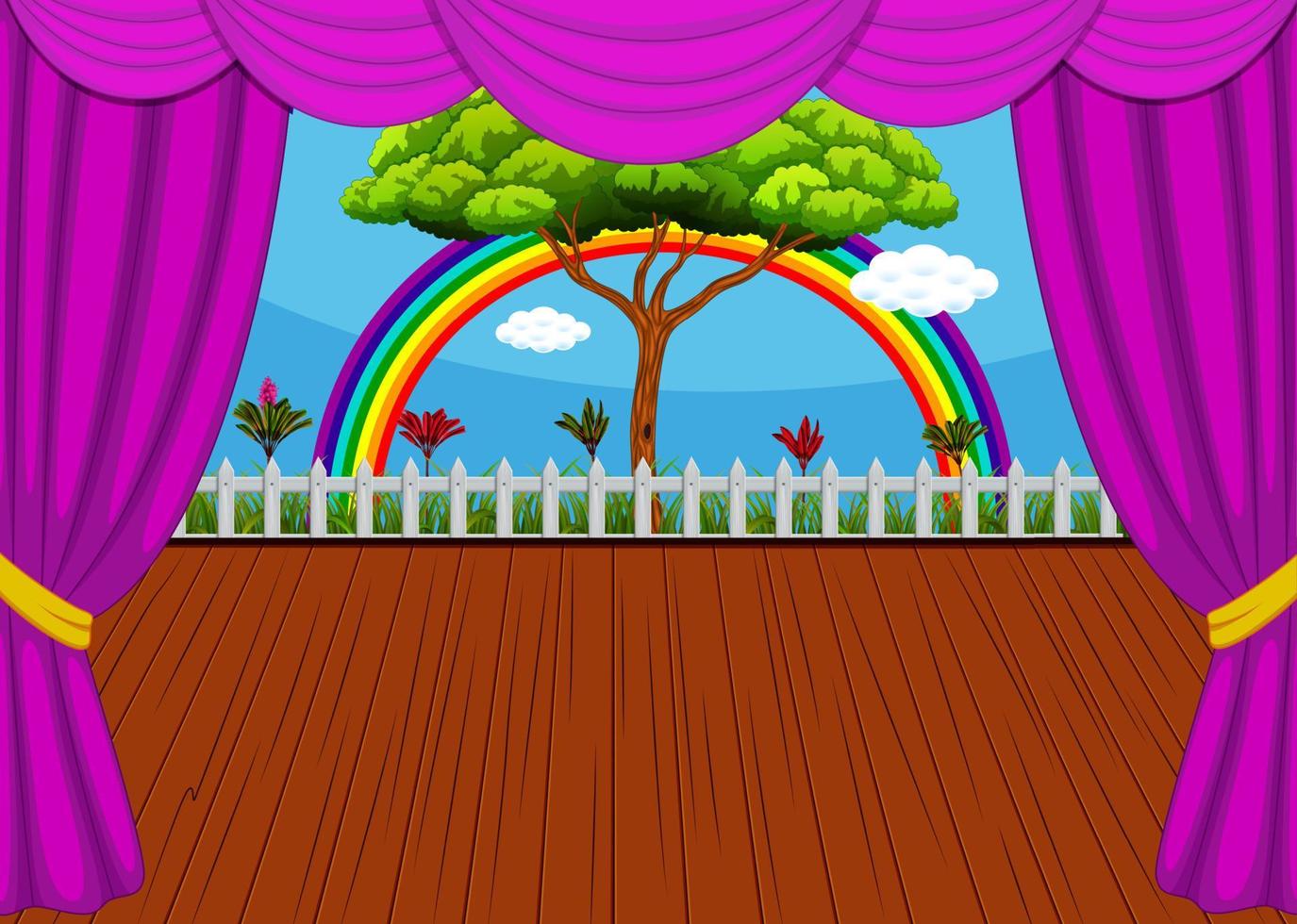 el escenario con el arco iris y el fondo del árbol vector