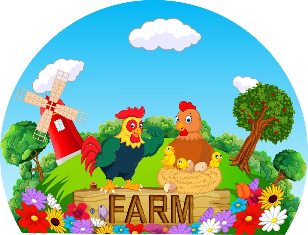 la hermosa granja con el gallo y la gallina en el pueblo fresco vector