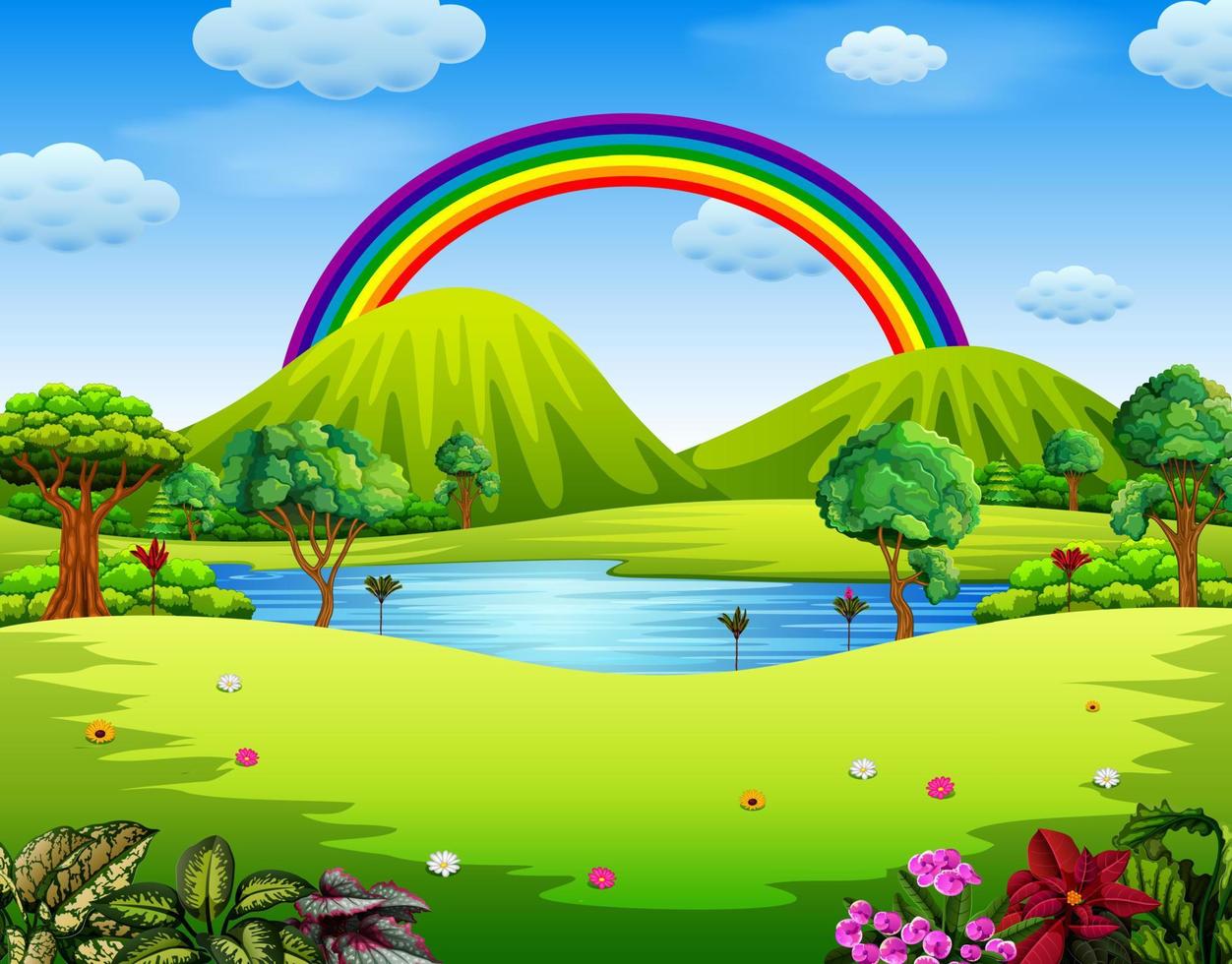 a colorfull garden with the beautiful rainbow vector