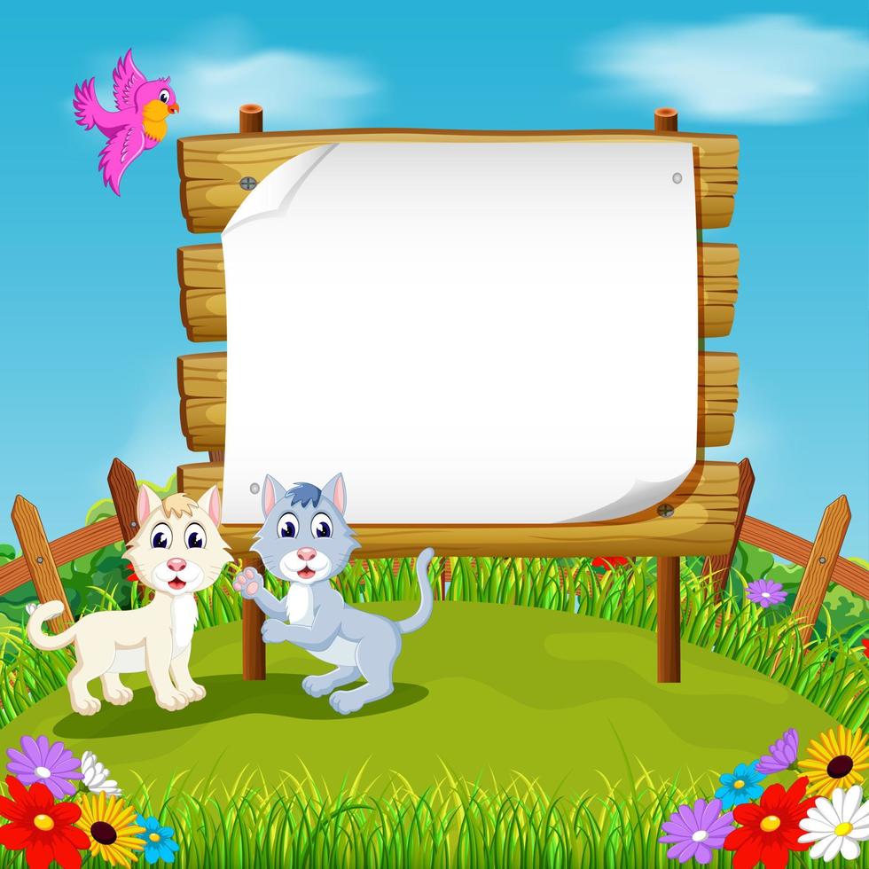 the nature view with the wooden board blank space and two little kitten near the flower vector