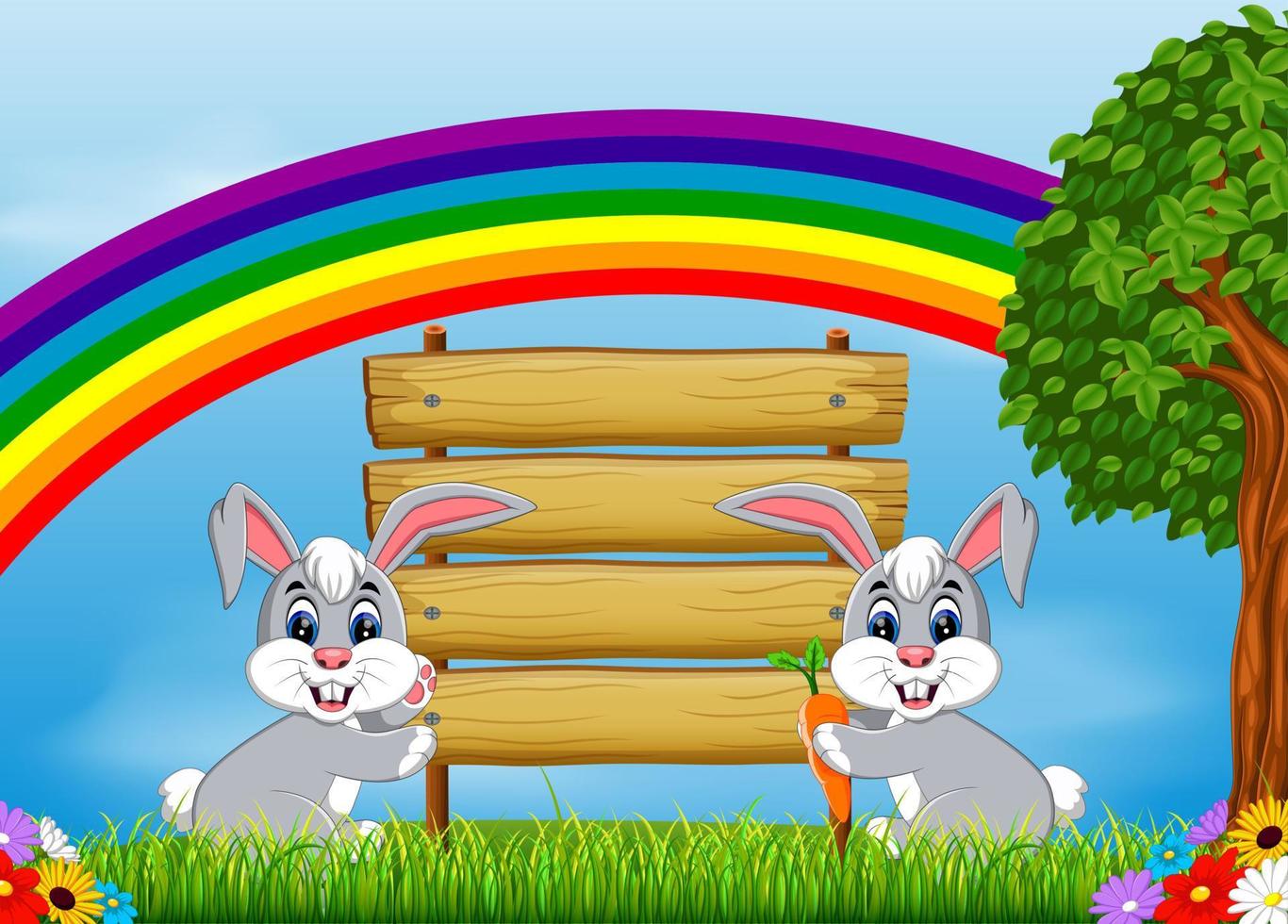 the nature view with the wooden board blank space and the rabbits holding the carrot vector
