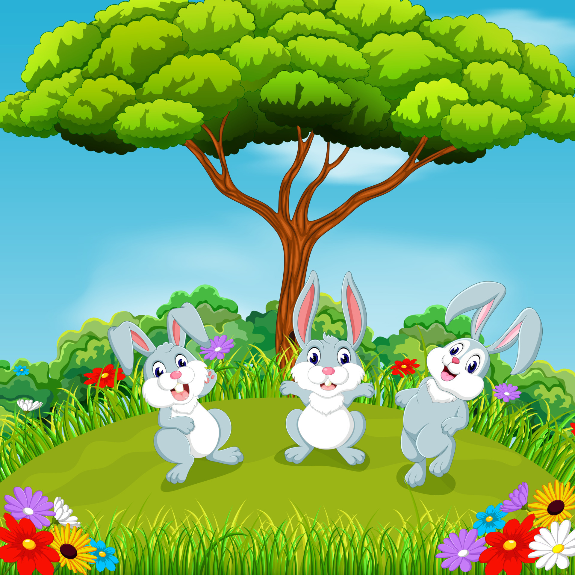 the beautiful view with three rabbits playing together under the huge