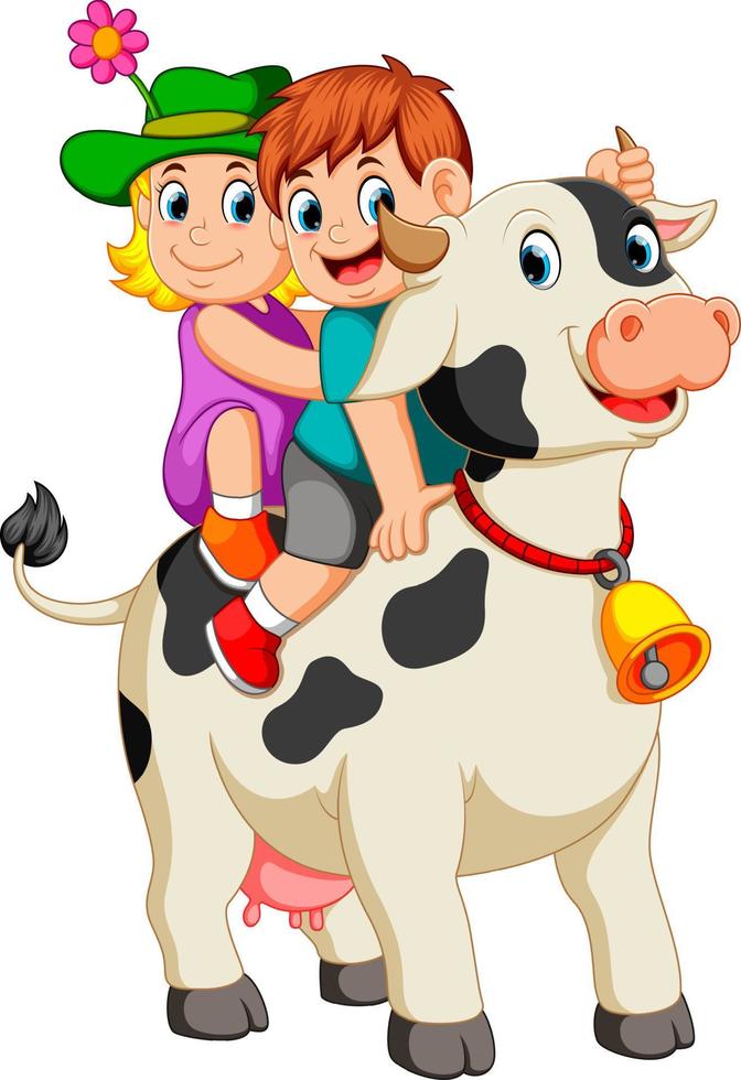 the children get into the cow and ride it when the boy hold the horn vector