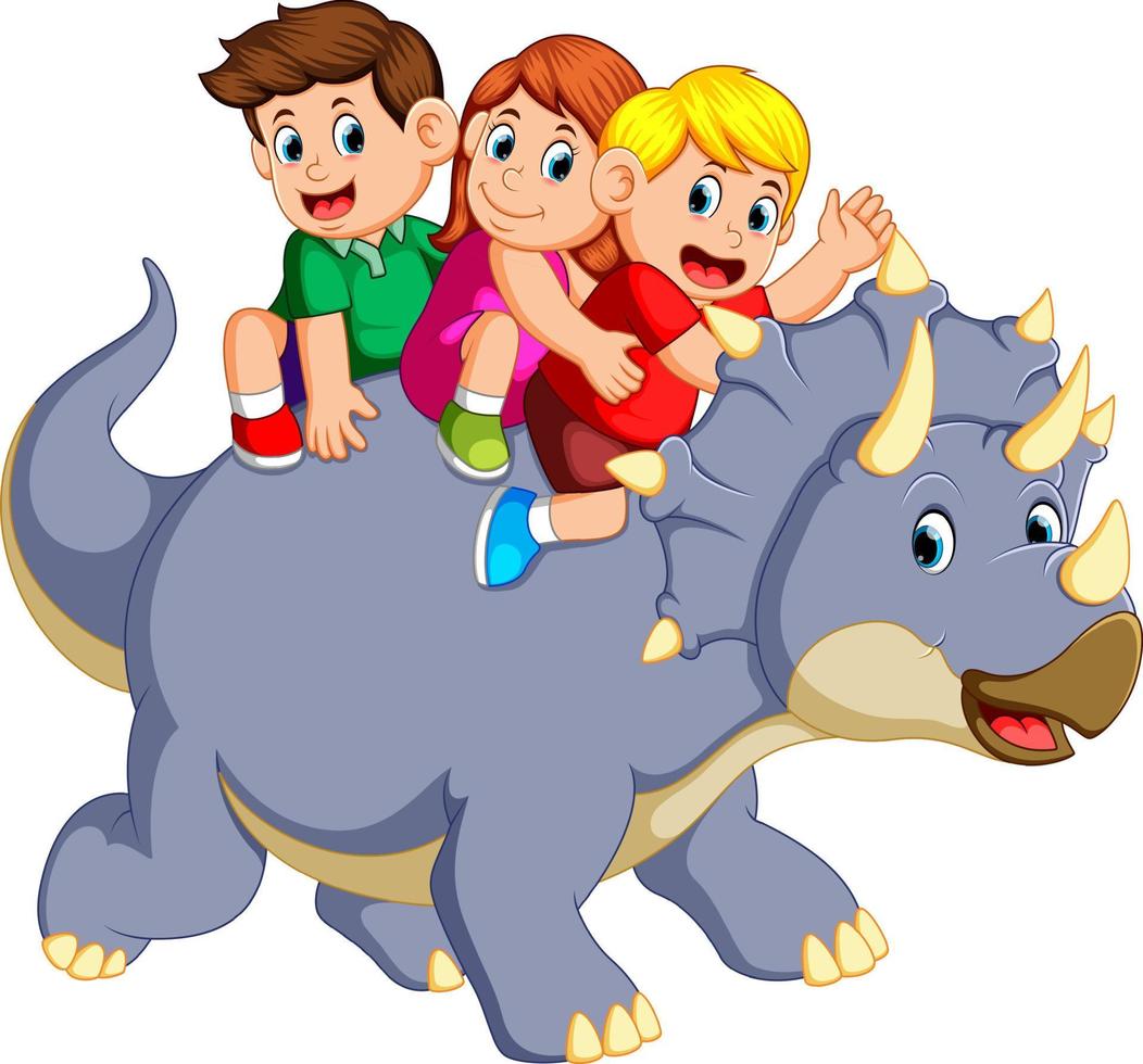 the children are sitting on the triceratops and waving their hand when it move vector