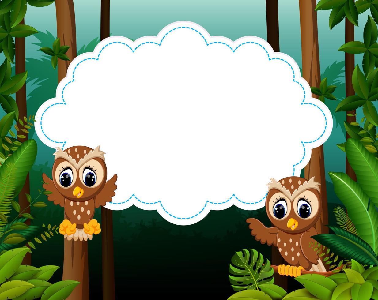 the nature view with the wooden board blank space and the owl flaying near it vector