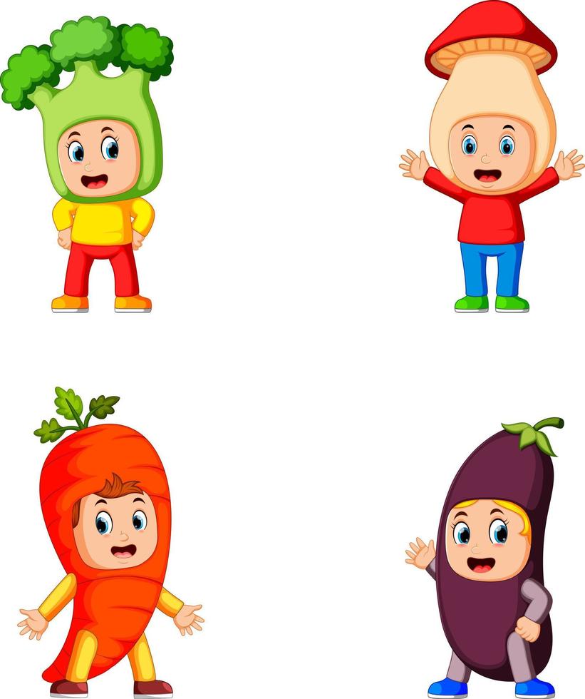 the collection of the children using the healty vegetables costume with different variant vector