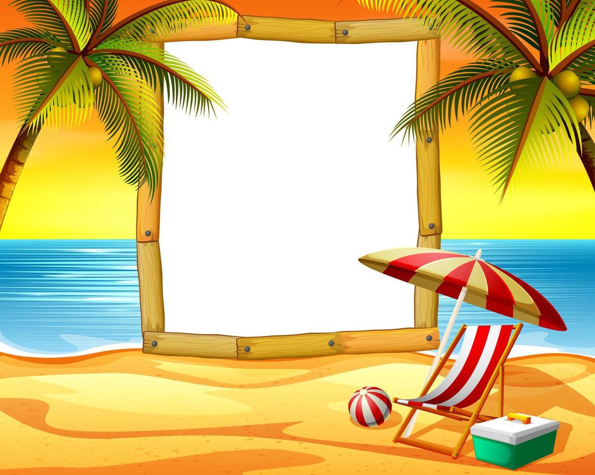 the wooden frame blank space with the sunset beach background and some coconut trees vector