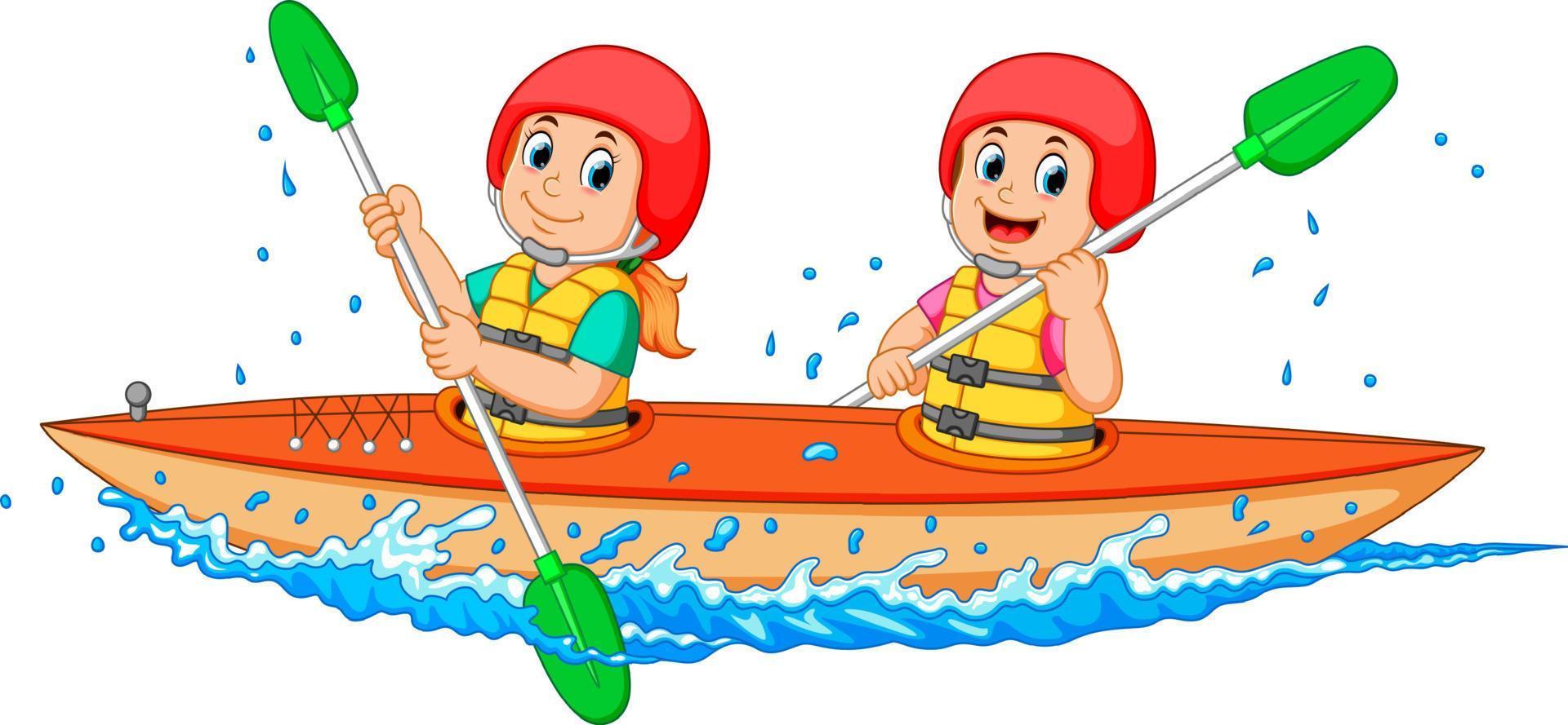 niño y niña remando en canoa vector