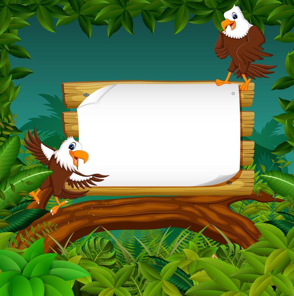 the wooden board blank space with the dashing eagle with forest background vector