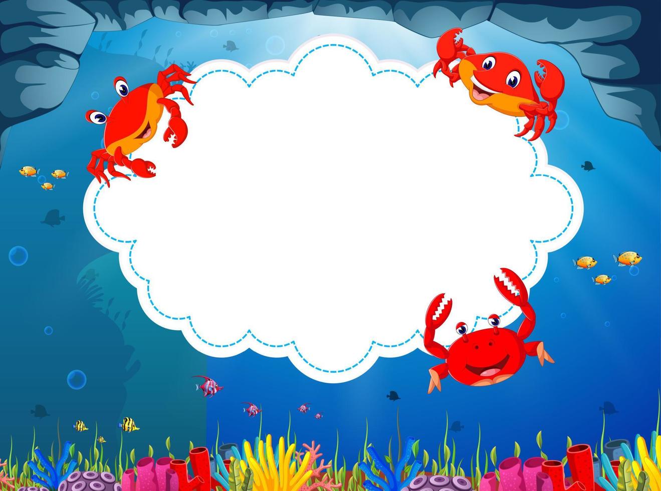 the ocean view with the cloud board blank space and three little crab around the frame vector