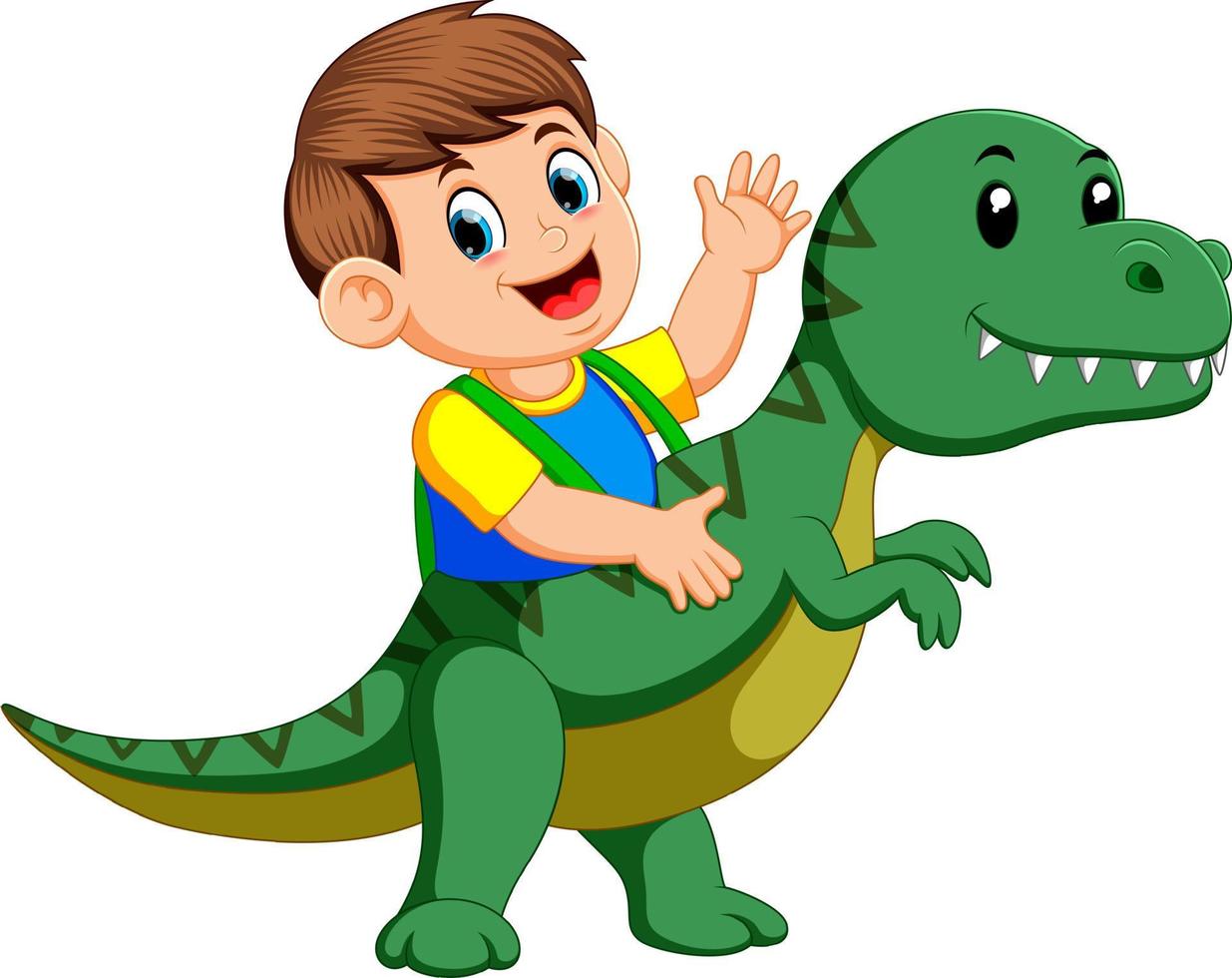 the boy using the Tyrannosaurus Rex costume and waving his hand vector