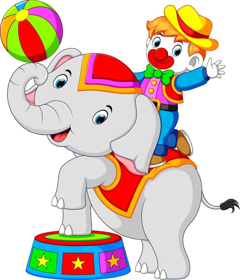 a boy uses a clown costume with an elephant while playing circus vector